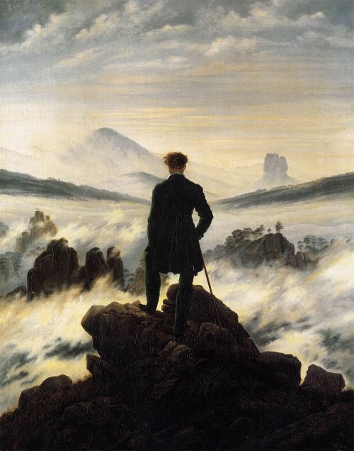 Caspar David Friedrich: Der Wanderer über dem Nebelmeer, gemeinfreies Gemälde eines Künstlers mit Frueckenansicht rueckenakt rueckenfigur